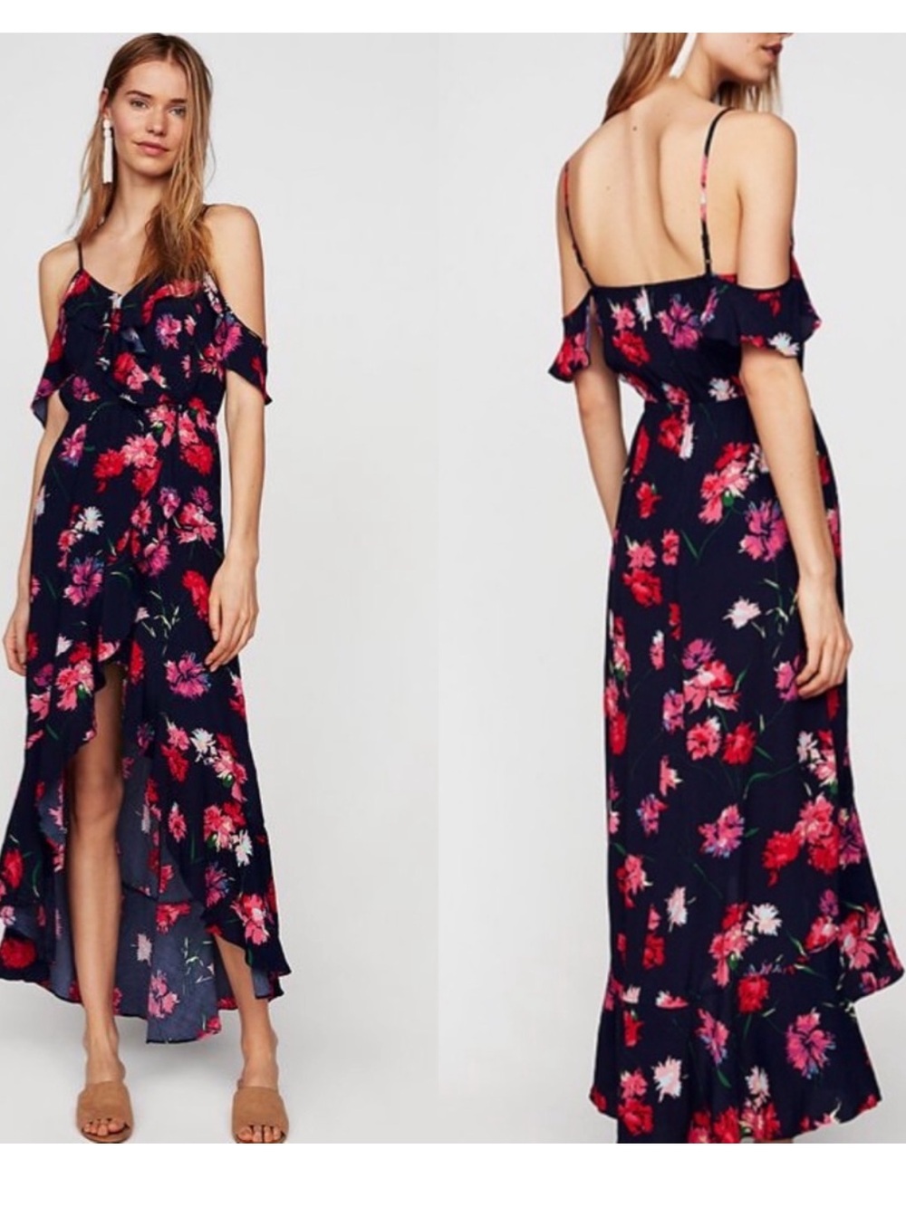 Express Navy High-Low Floral Maxi Dress with Pink Blooms